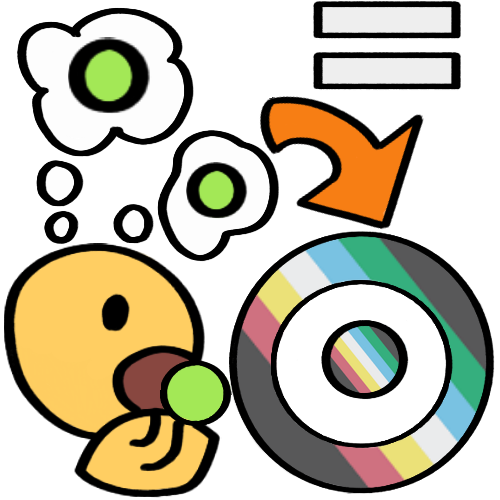 a simple yellow head puts a green circle in their mouth, and above them are thought bubbles with green circles in them. this represents addiction. an arrow points from the thought bubbles to a disability symbol (the disability sun symbol, in disability pride flag pattern), and above the arrow is an equals sign